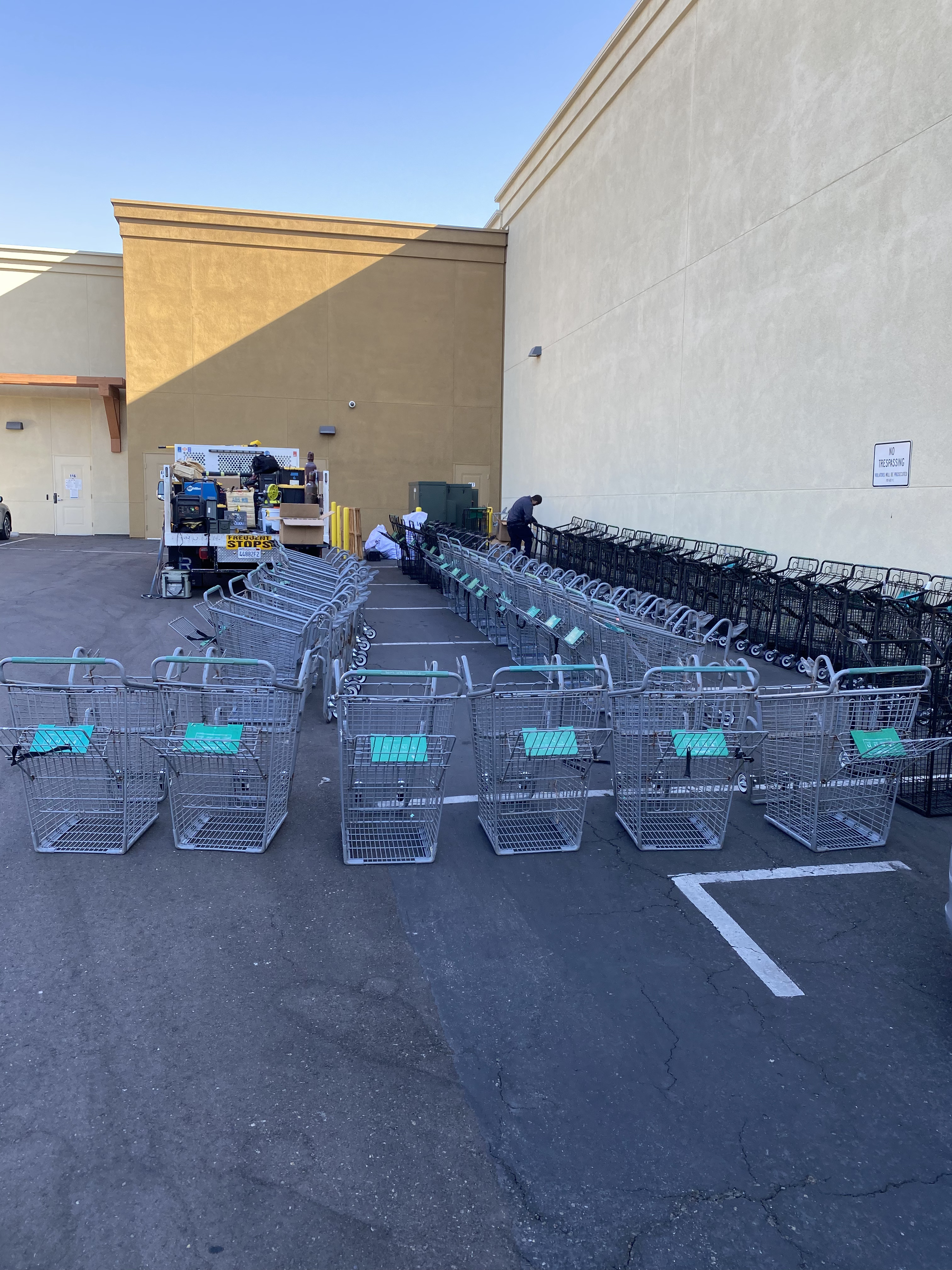 Large collection of recovered shopping carts organized in a parking lot